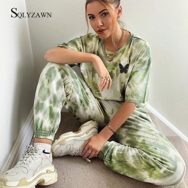 

streetwear butterfly print high waist trousers tie dye casual two piece tracksuit women summer short sleeve crop outfits, Gray