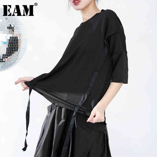 

[eam] women black ribbon split big size t-shirt round neck three-quarter sleeve fashion spring summer 1z35501 21512, White