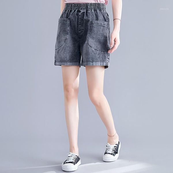 

women's shorts qpfjqd summer korea style ladies baggy jeans elastic waist women retro simple slim casual straight denim double pocket, White;black
