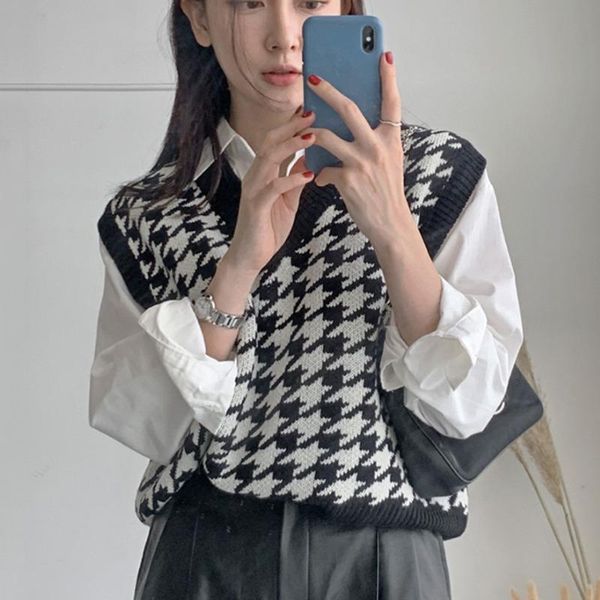 

women's vests [ewq] korea chic causal trendy women v neck pullover plaid fashion loose knitting sleeveless vest autumn 2021 16e2454, Black;white