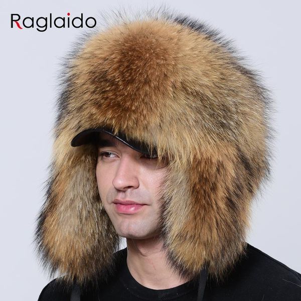 

berets luxury men hat winter warm thick fluffy brim bomber ushanka russia natural raccoon fur trapper ear hats, Blue;gray