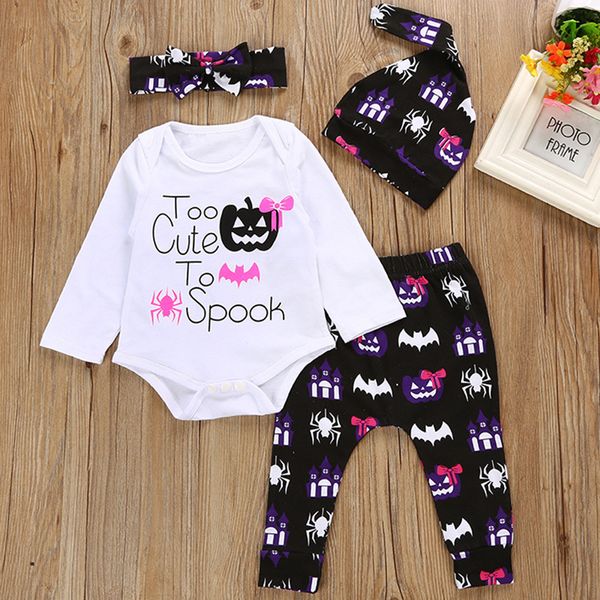 Baby Mädchen Kleidung Sets Halloween Kürbis Kostüme Neugeborene Bodys Schwarz Hose Kappen Stirnband Anzug Cartoon Nightmare Overall Top 210413