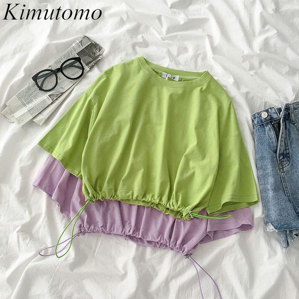 

kimutomo fresh style solid t-shirt women summer korean fashion clothing female o-neck drawstring short casual 210521, White