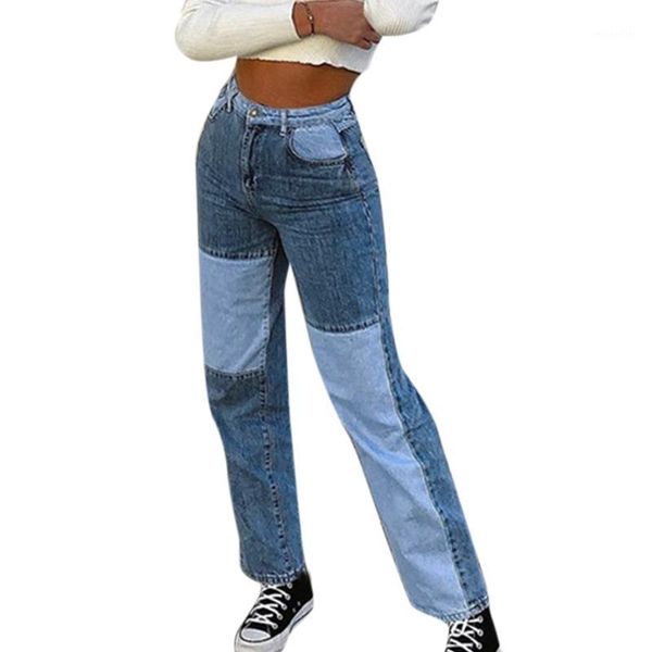 

women jeans color patchwork frayed vintage ladies denim pants casual long trousers clothing women's, Blue
