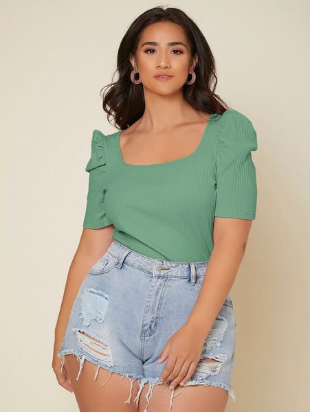 

plus ribbed knit scoop neck puff sleeve tee z6yw#, Black