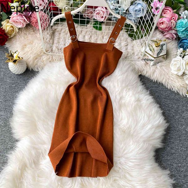 

neploe knitted dress women fashion square collar sleeveless camis ladies vestidos elegant slim stretch waist bodycon dresses 210423, Black;gray