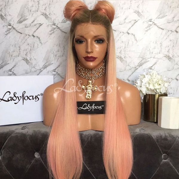 

lady focus pink full lace wigs pre plucked with baby hair straight lace front wig virgin human hair ombre light pink wig, Black;brown