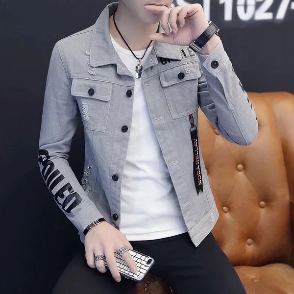 

men's jackets spring autumn printed thin workwear coat korean style trend student jacket male slim teenagers denim x7u5, Black;brown