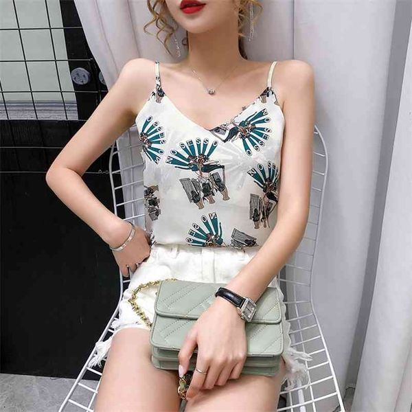 

satin chiffon silk women print sleeveless halter basic cami summer elegant chic spaghetti strap female camisole y2k 210507, White