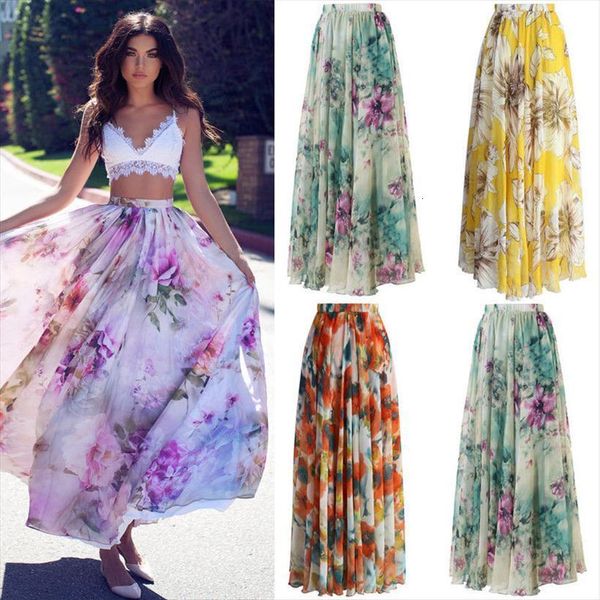

floral print chiffon women skirt high waist evening party long maxi beach, Black