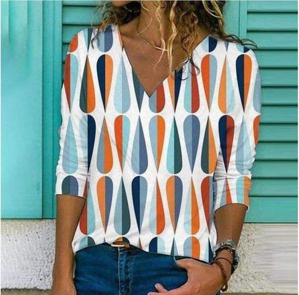 

spring diamond color print blouse shirt women elegant v-neck long sleeve autumn casual loose plus size streetwear blusa women's t-shirt, White