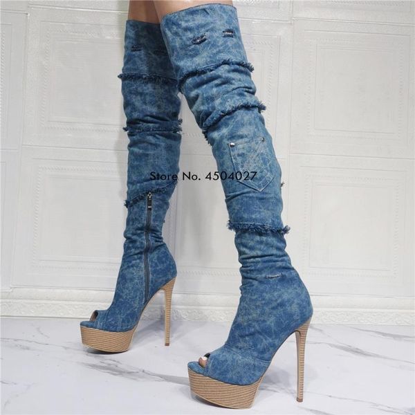 

boots peep toe over the knee denim women zipper stiletto long platform high heels designer ladies shoes, Black