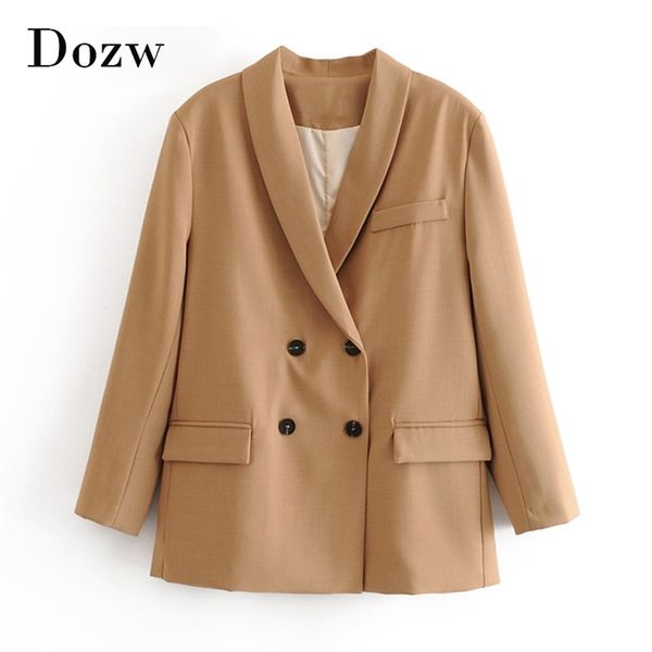 

fashion pink and khaki blazer women double breasted casual office coat lady shawl collar elegant feminino 210515, White;black