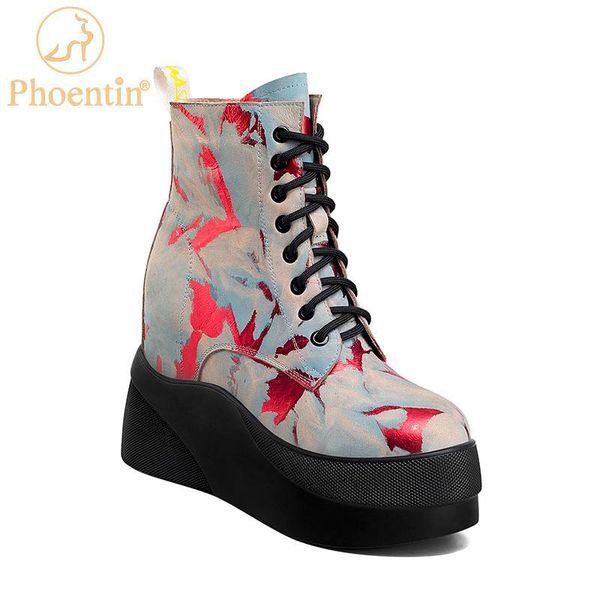 

boots phoentin colorful wedge heels winter for women high platform zip shoes cow leather round toe ankle boot ft1192, Black