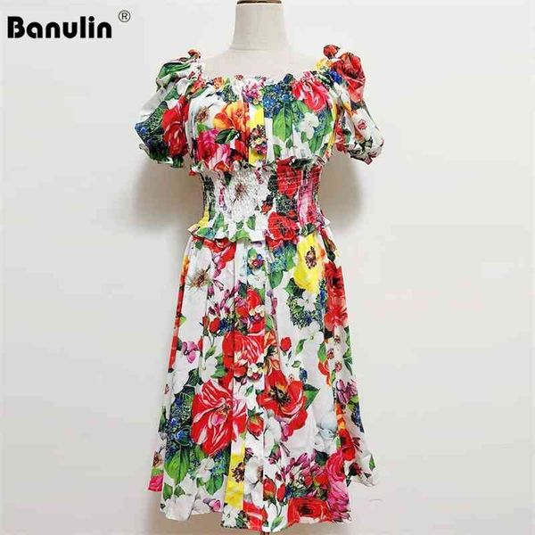 

banulin summer runway puff sleeve rose floral print pink dress women off shoulder petel buttons elastic waist beach boho 210603, Black;gray