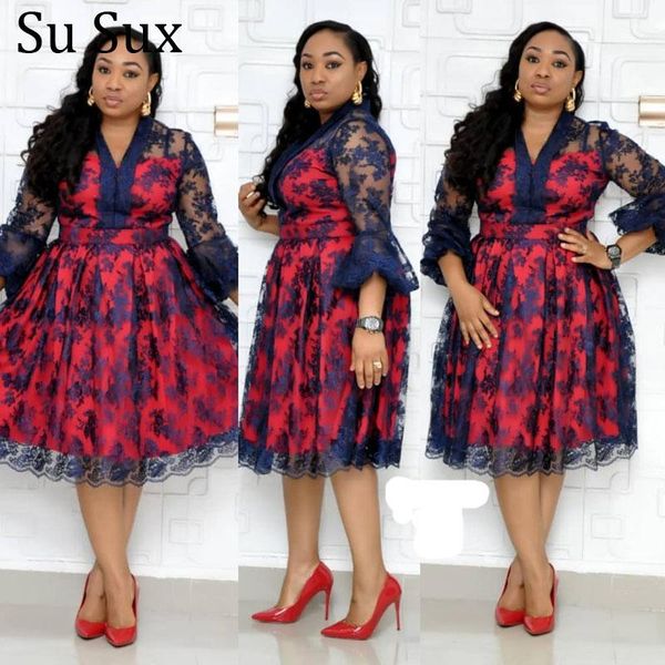 

plus size dresses for women print mesh a line dress 6 xl v neck three quarter big swing spring african casual, Black;gray