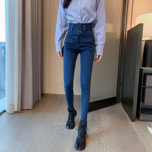 

women's jeans 2021 autumn port style skinny fashion plus size chic button pocket high waist pencil pants stretch cotton trousers, Blue