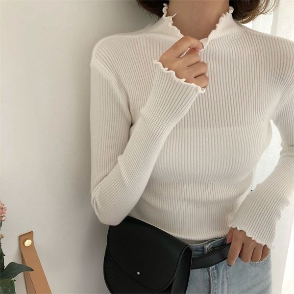 

turtleneck ruched women sweater high elastic solid fall winter fashion slim knitted pullovers pink white 210607, White;black