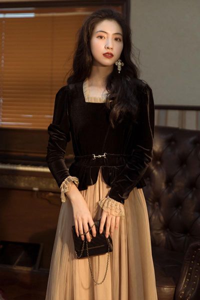 

casual dresses 2021 autumn winter women elegant dress mesh velvet patchwork elastic high waist female vestidos robes zf10, Black;gray