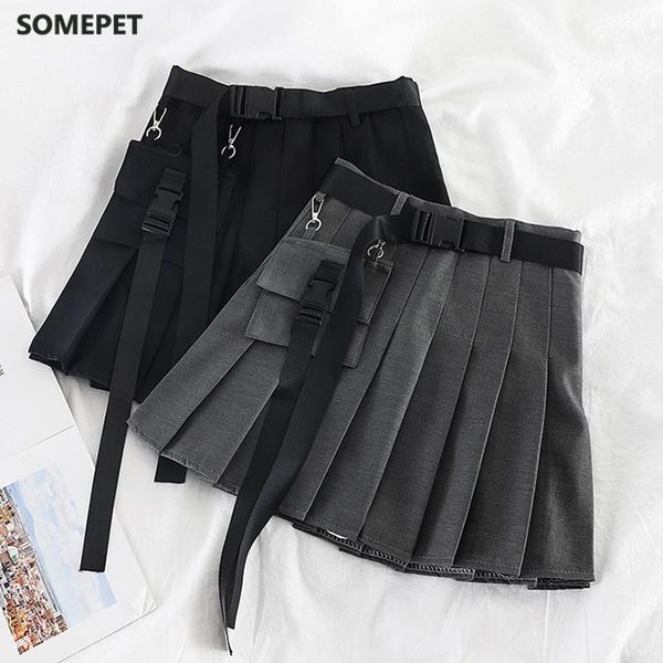 

skirts korean harajuku zipper pocket hip hop casual jupe belt street punk ulzzang drop vintage black big size womens