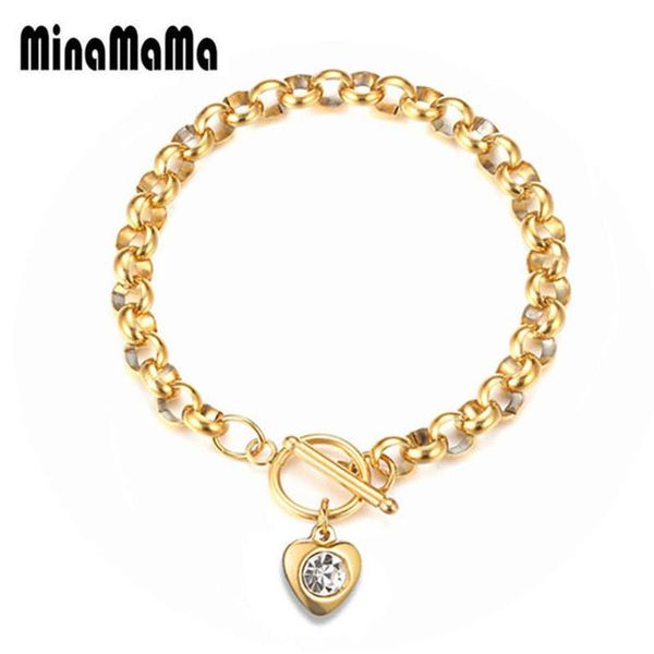 

charm bracelets stainless steel crystal heart charms bracelet for women ot buckle toggle fashion jewelry valentine's gifts, Golden;silver