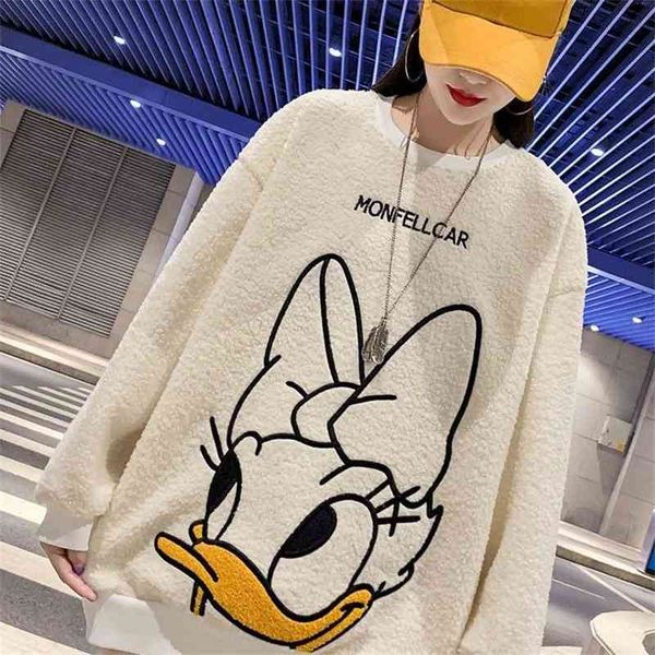

thickened cartoon lamb wool sweater women's middle long style 2021 autumn winter new korean loose and lovely plush, Black