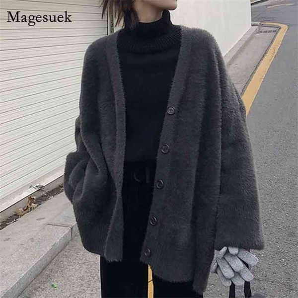 Herbst Lose Vintage Pullover Frauen Jumper Winter Lange Strickjacke V-ausschnitt Faux Nerz Fleece Gestrickte 11650 210512