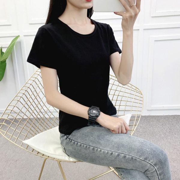 

women's t-shirt 2021 casual basic o-collar summer fashion korean version of the street wild solid color slim activity cultural shirt, White
