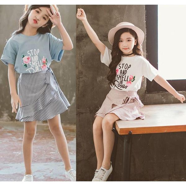 

flower girls clothing set fashion cotton letter t-shirt + stripe skirt 2pcs suit for girl children birthday present kids clothes sets, White