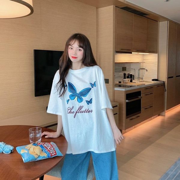 

women's t-shirt ytx1505 style female student korean version loose mid-length butterfly print western all-match short-sleeved, White