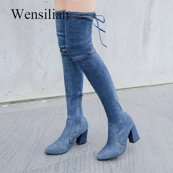 

boots 2021 winter knee high pointed toe square heels thick denim women botas de mujer, Black