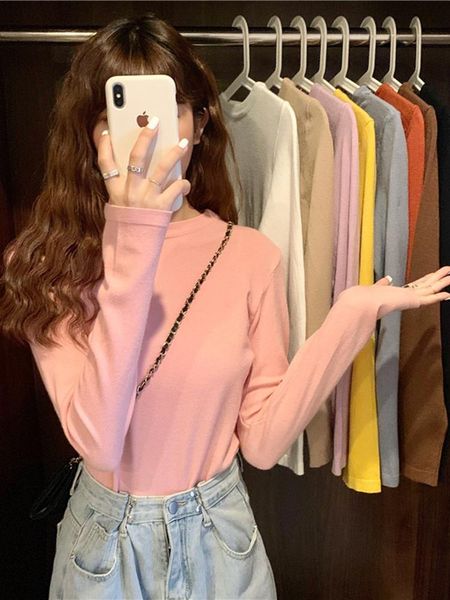 

korean version of solid color slim fit all-match bottoming shirt women's 2021 autumn and winter long-sleeved sweater fashion sweaters, White;black