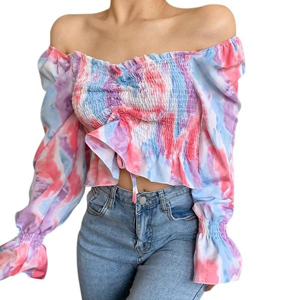 

women's t-shirt summer sweet slash neck tie-dyed long puff sleeves ruffle chiffon shirt blouse, White