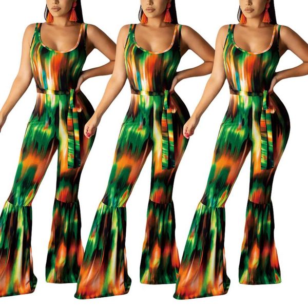

women's jumpsuits & rompers fadzeco womens u neck bodycon jumpsuit tie-dye print backless sleeveless flare pants one piece romper plays, Black;white