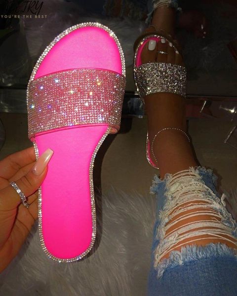 

summer women crystal slippers glitter flat soft bling female candy color flip flops outdoor ladies slides beach shoes, Black