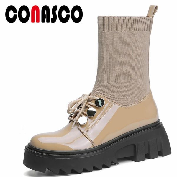 

boots conasco 2021 fashion women ankle autumn winter warm cow leather casual prom shoes metal decoration woman, Black