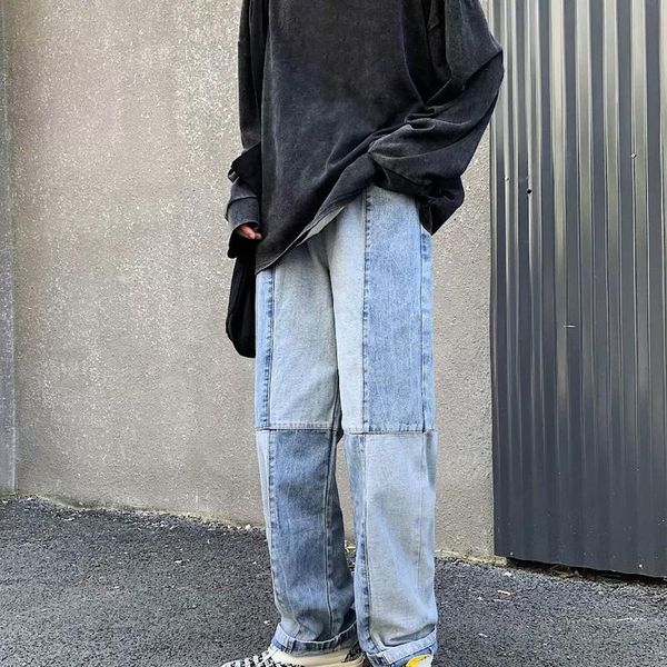 

men's pants men fashion loose stitching jeans wide leg patchwork male trousers casualstreetwear clothing d910#, Black