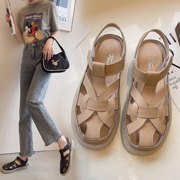 

sandals women flats 2021 summer fashion cross weaving closed round toe white platform leather shoes casual female, Black