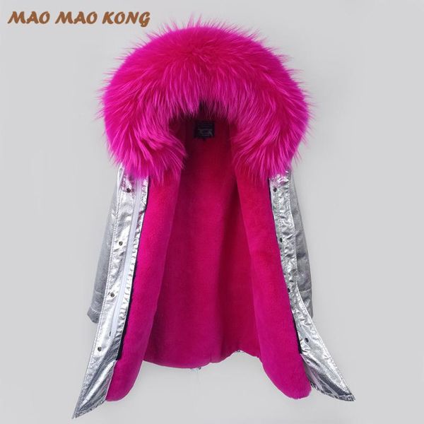 

women's fur & faux 2021 fashion winter silver color coat long women jackets real large raccoon collar thick lady down parkas, Black