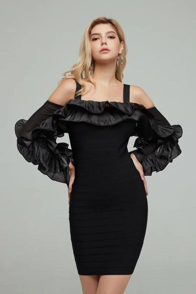 

casual dresses women winter bandage dress 2021 vestidos long sleeve ruffles evening party club, Black;gray