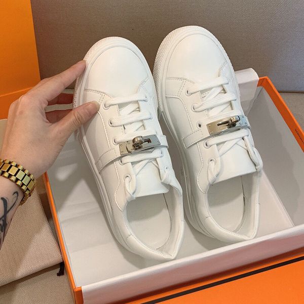 

Designer white casual shoes metal buckle women's thick soled shoes leather outdoor flat shoes outdoor lace-up women sneakers, Silver buckle