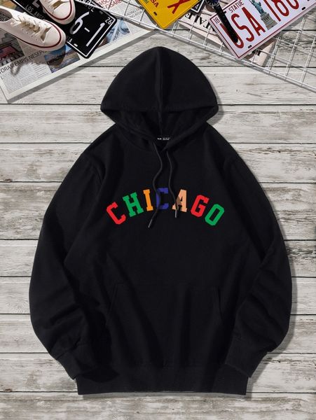 

men letter graphic drawstring hoodie p20h#, Black