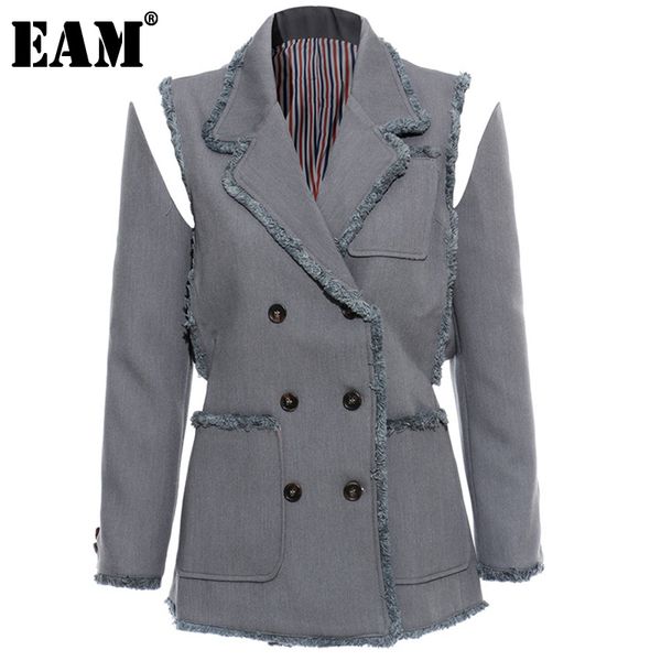 

[eam] spring autumn turn down collar long sleeve double breasted pockets personality jacket women coat fashion jx643 21512, Black;brown