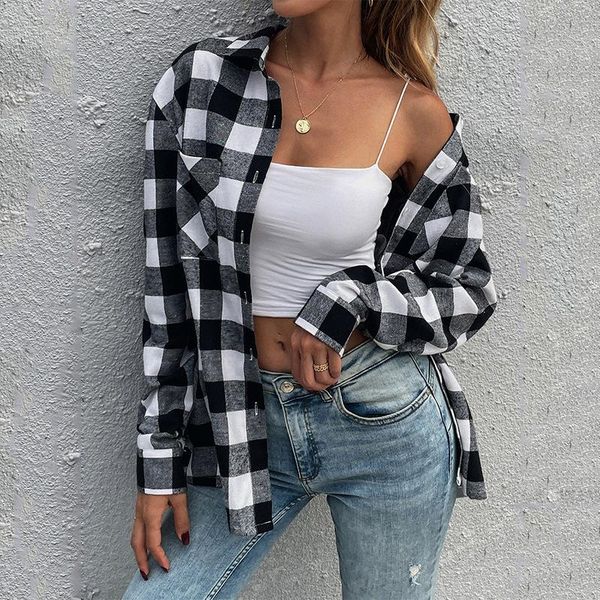 

women's blouses & shirts 2021 black white plaid single breasted cardigan lapel long sleeved casual all match for female