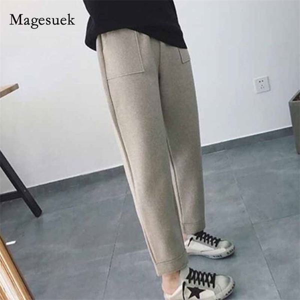 

autumn winter korean style plus size pantalon loose all-match trousers solid pants women thick harem wool 11066 210518, Black;white