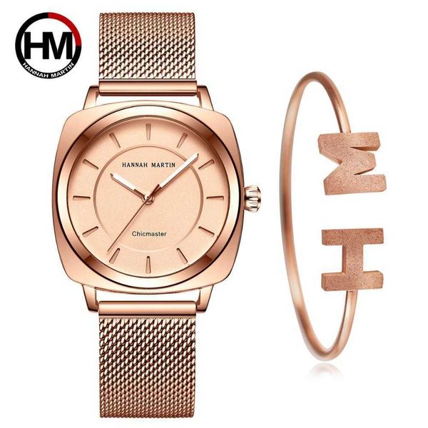 1 набор браслет современная мода розовые золотые кварцевые женские женщины из нержавеющей стали сетки повседневные квадратные наручные часы подарок для женщин 210527