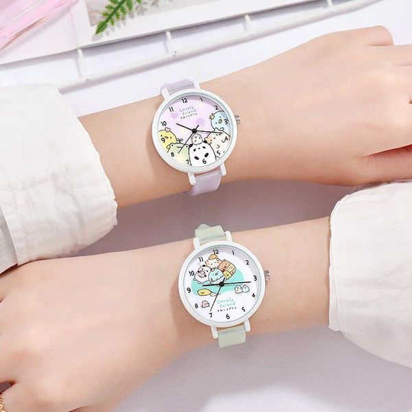 

wristwatches girl elementary school silicone fashion watch set little cute kids analog children quartz electronic, Slivery;brown