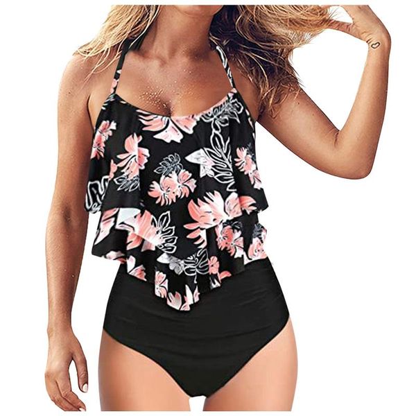 

women's swimwear ruffle bikini swimsuit flower print sleeveless sling summer for women fashion casual brazilian feminino, White;black