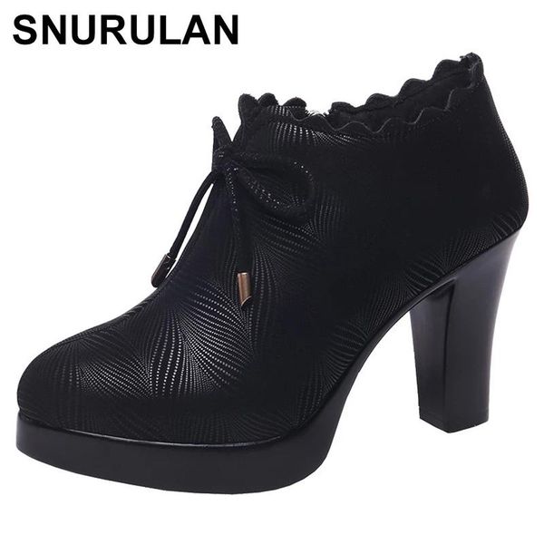 

dress shoes snurulangenuine leather women's deep mouth high heel black platform pumps fashion female office ladies