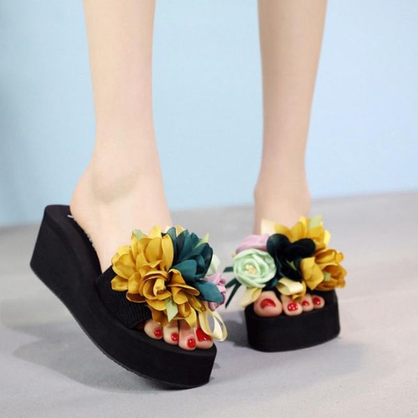 

slippers fashion arrival summer ladies handmade flower lovely beach holiday non-slip outside wearing flip-flops for women, Black
